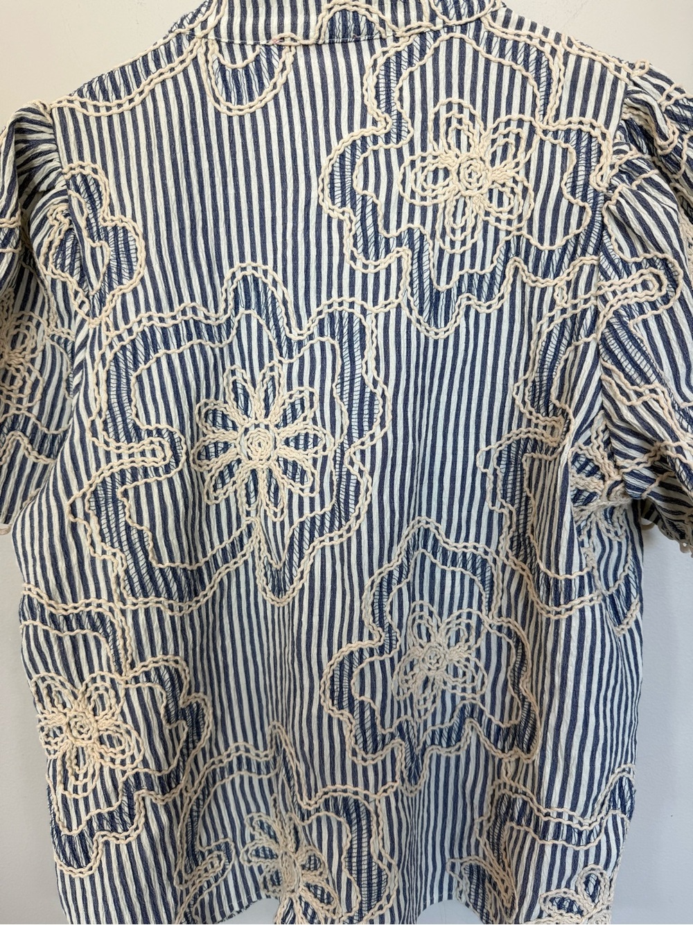 THML Blue White Striped Floral Embroidered Puff Sleeve Blouse S - Picture 8 of 8
